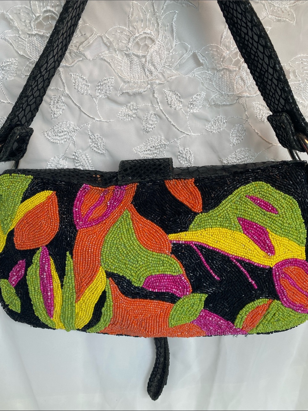 Vintage Christiana Black Beaded Shoulder Bag Multicolor Floral Embroidery - Picture 3 of 8